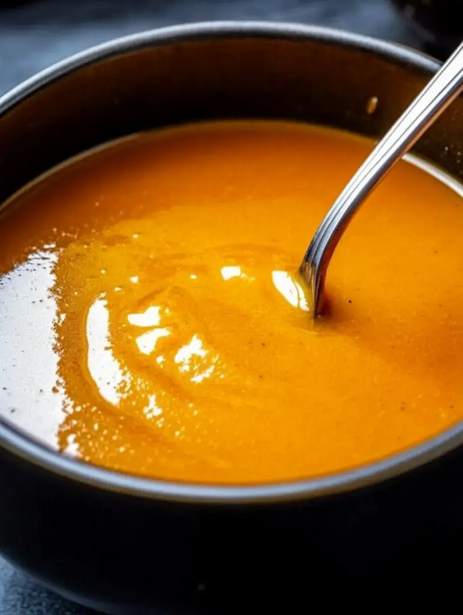 Glänzende orange Sauce in einer Schale mit Löffel.
