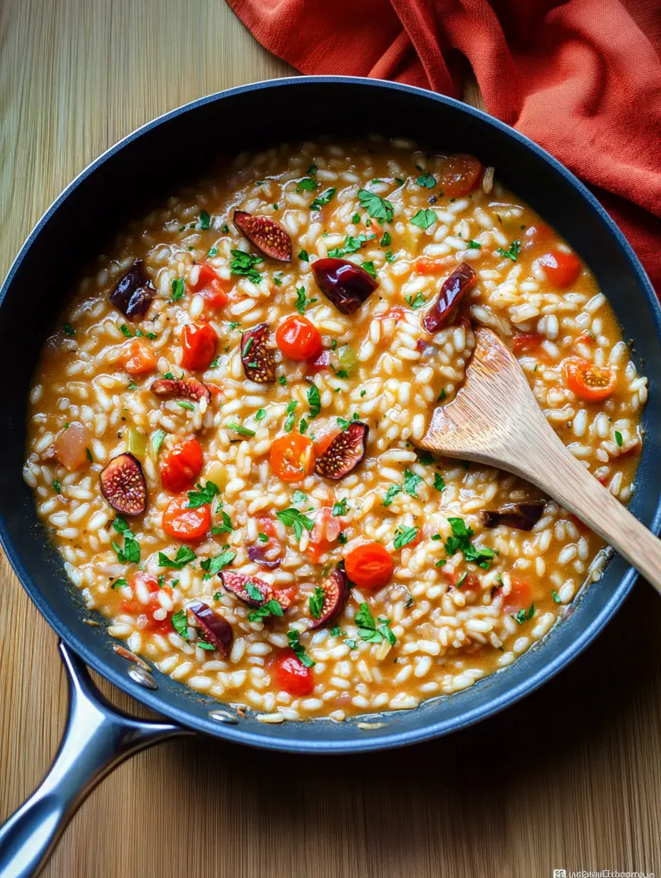 Risotto mit Cherrytomaten und gehacktem Koriander in einer Pfanne.