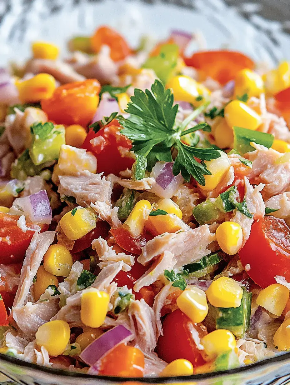 Gerupftes Hähnchen, knackige Tomaten, Paprika, Mais, Zwiebelringe und grüne Petersilie frisch arrangiert.