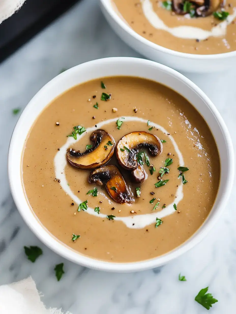 Eine cremige Suppe mit Pilzen und Maronen in einer weißen Schale, oben drauf frische Kräuter und ein Sahnehäubchen.