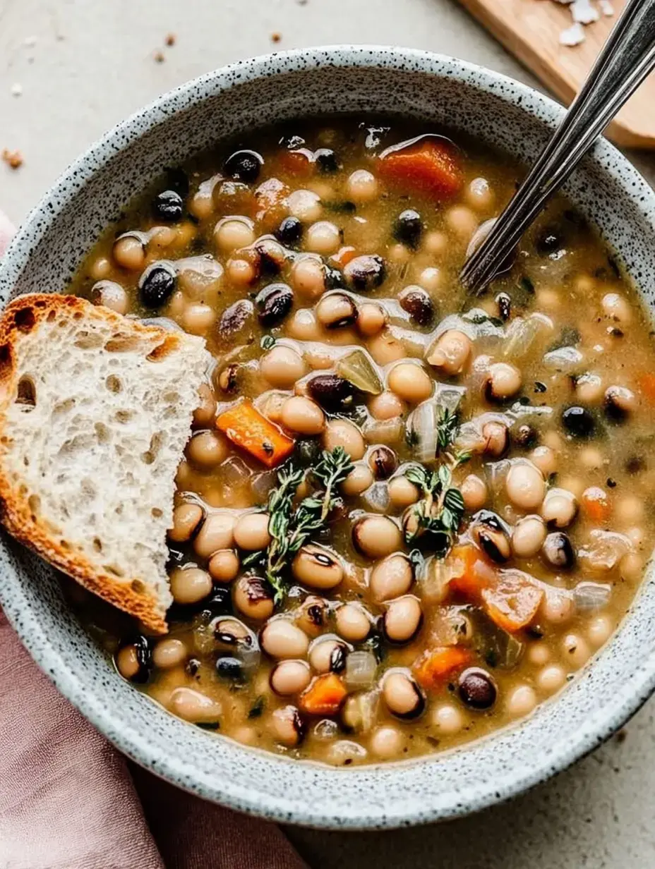 Eine Schüssel mit buntem Bohnensuppe, garniert mit frischen Kräutern und einem Stück Brot.