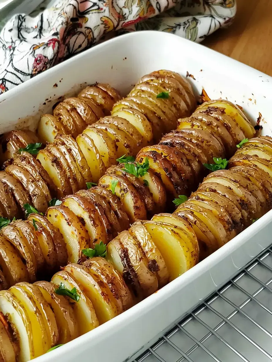 Goldbrauner Kartoffelauflauf mit geschnittenen Kartoffeln und grüner Petersiliengarnitur.