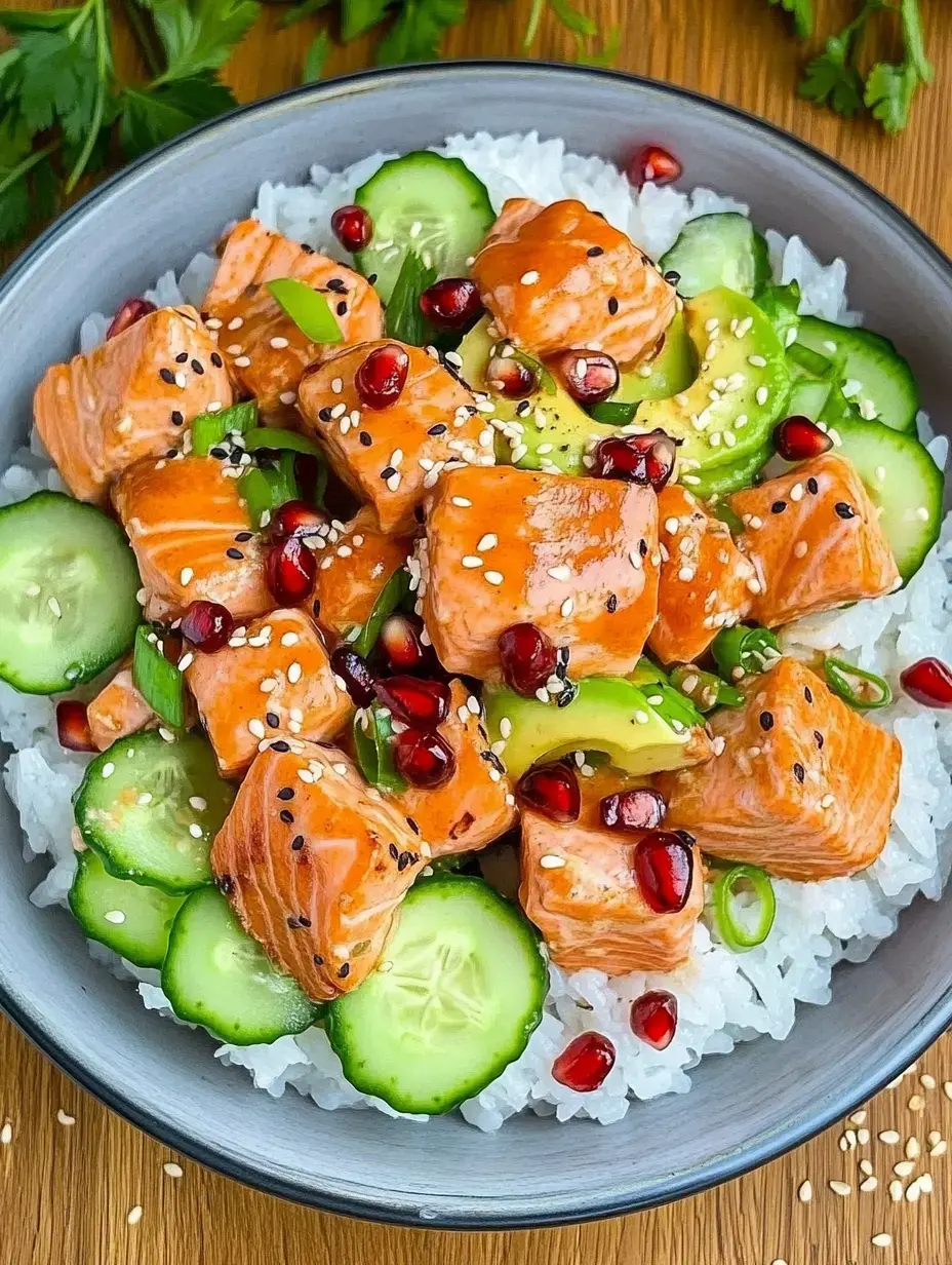 Ein Schälchen mit Sushi-Reis, gewürztem Lachs, Gurke, Granatapfel und Frühlingszwiebeln, darauf weißer und schwarzer Sesam.