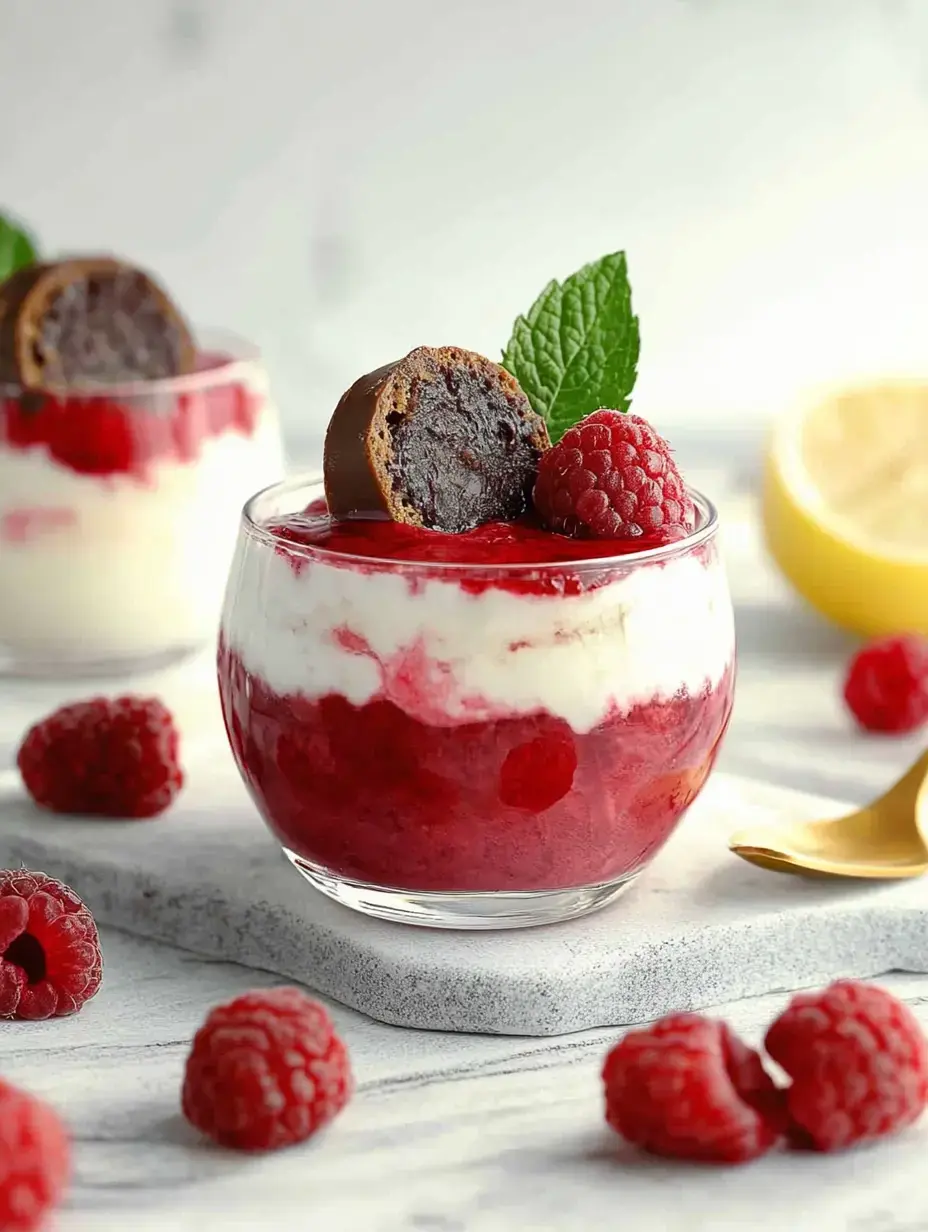 Dessert im Glas mit Himbeermousse, cremiger Sahne, getoppt mit Himbeeren und Minze.
