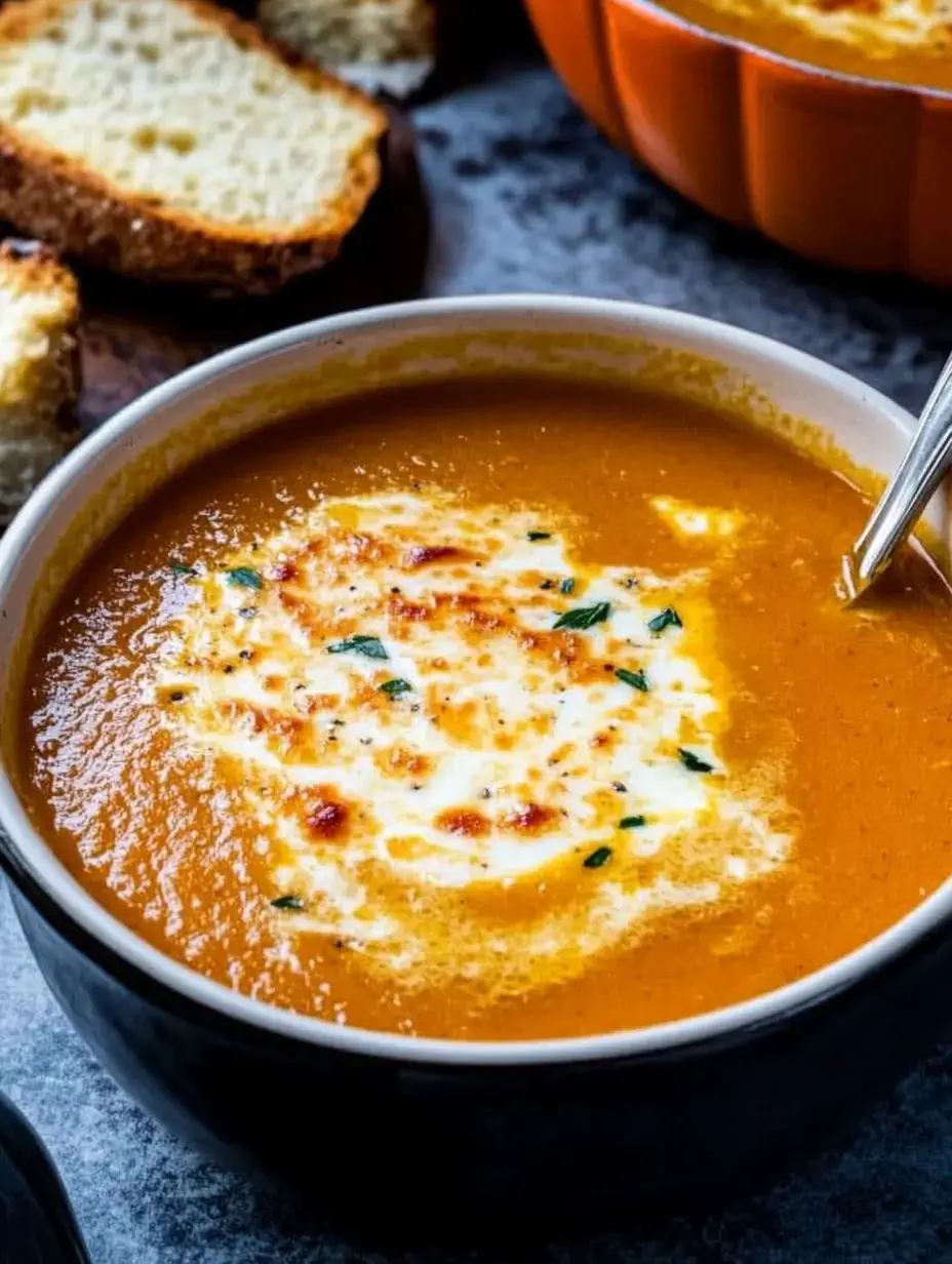 Schale Tomatensuppe mit Fäden von geschmolzenem Käse, frischem Grün und knusprigem Brot rundherum.