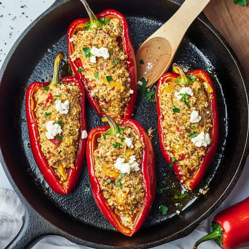 In einer Pfanne servierte rote Spitzpaprika, gefüllt mit cremig-kräutriger Käsemischung.