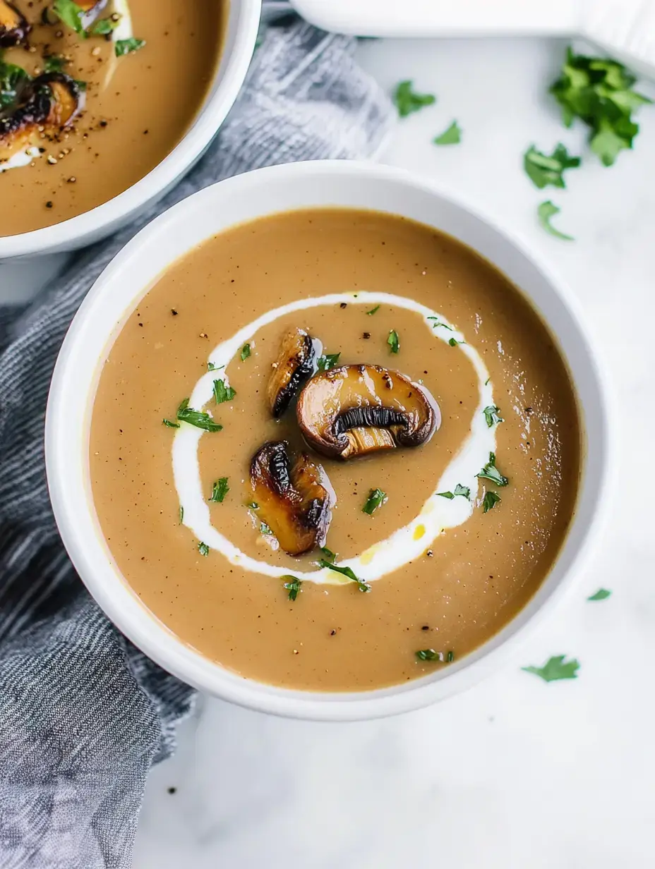 Cremige Maroni-Pilz-Suppe in einer Schale, dekoriert mit Champignons, großzügigem Sahnehäubchen und Kräutern auf hellem Untergrund.