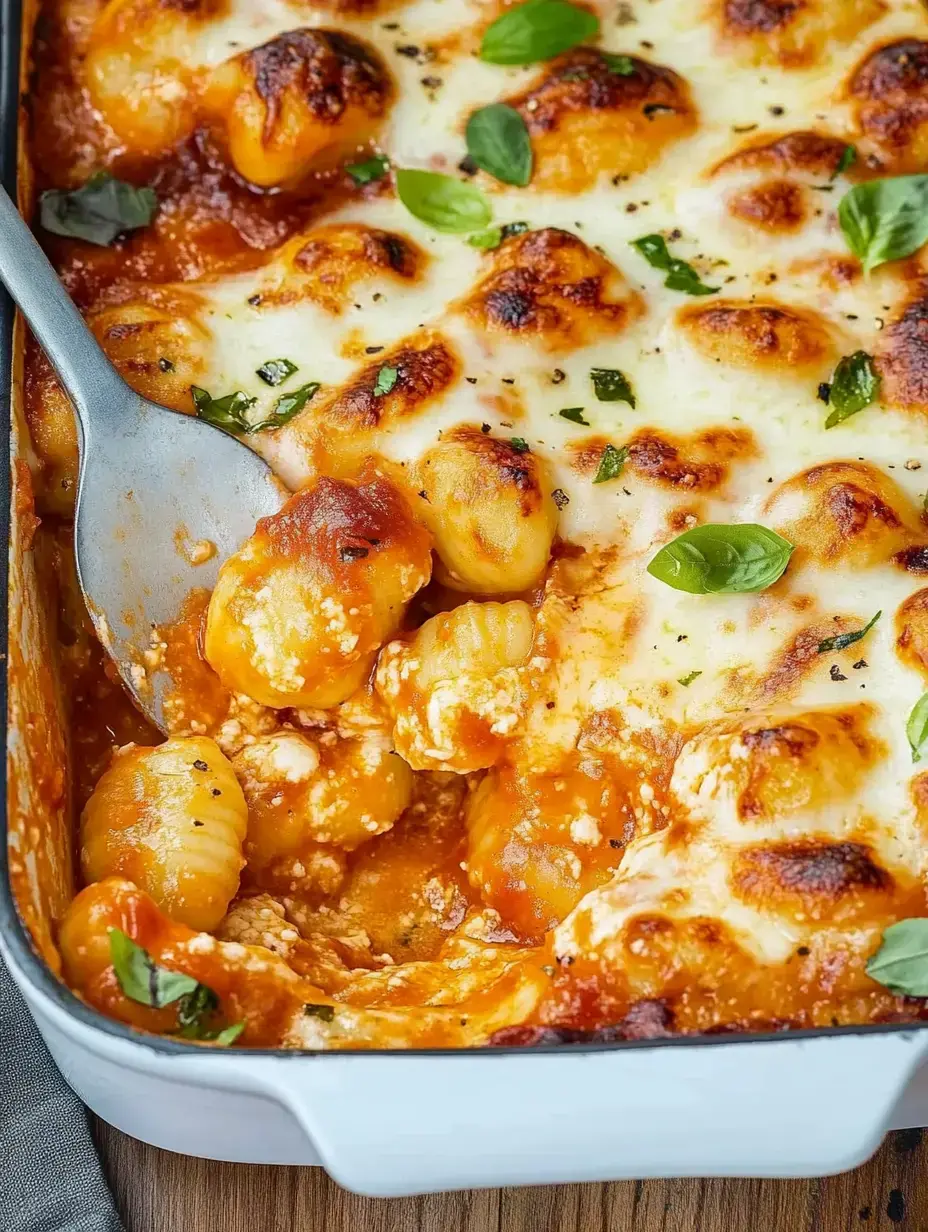 Ein dampfender Auflauf mit Gnocchi, Tomatensoße und Käse, frisch mit Basilikum bestreut.