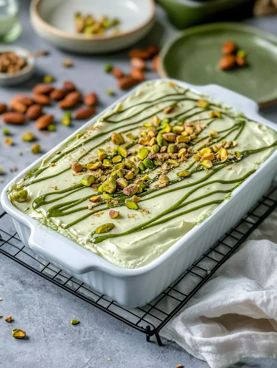 Ein rechteckiger Nachtisch in einer weißen Form, grüne Creme mit gehackten Pistazien und grüner Sauce obendrauf.