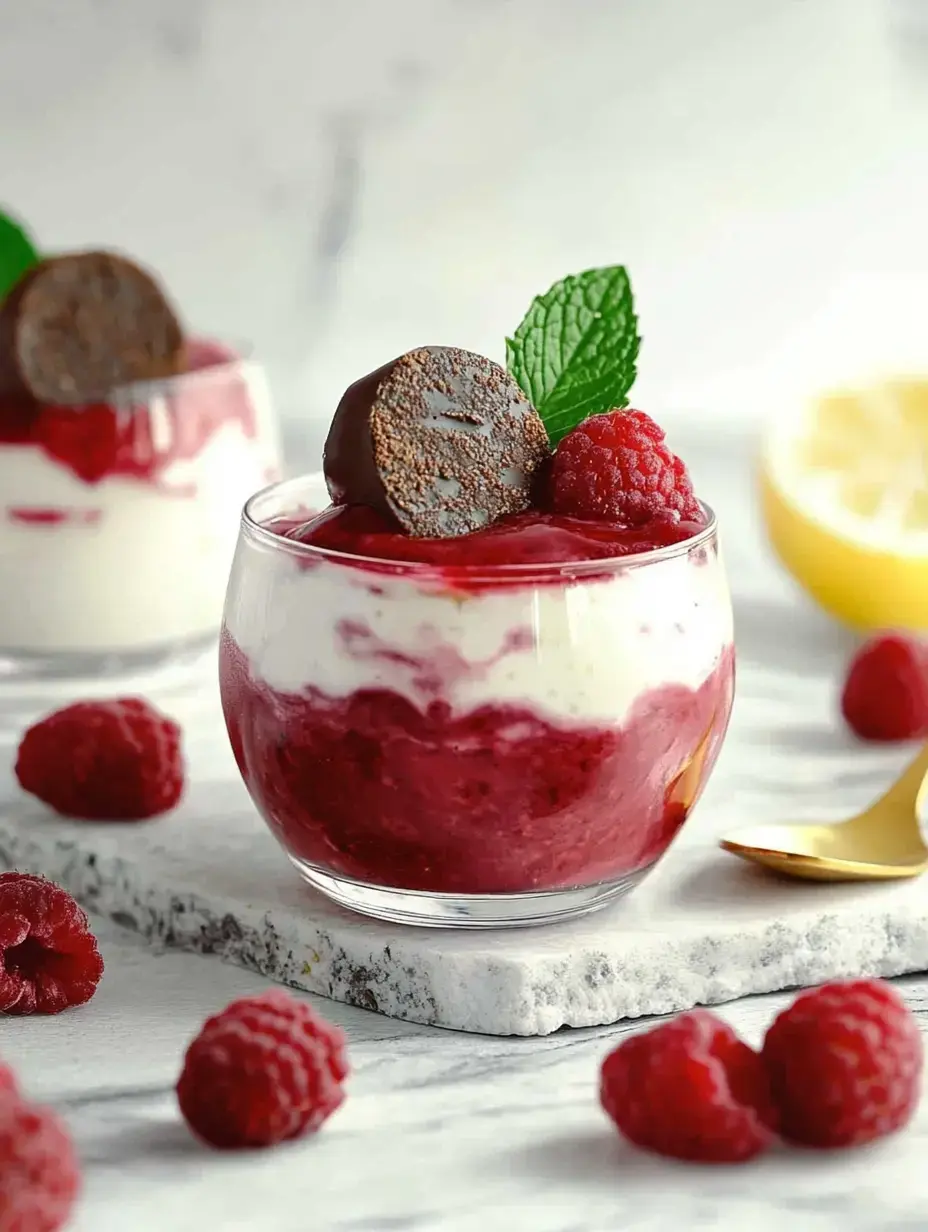 Ein Glas mit pinkfarbenem Dessert, Sahneschicht, einer Himbeere, Schokoladenstück und Minze, steht auf Marmor.