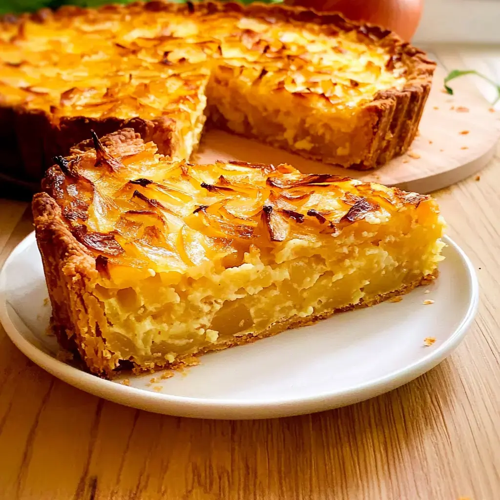 Ein Stück Apfelkuchen auf einem weißen Teller, mit goldiger Kruste und fruchtigem Inneren.
