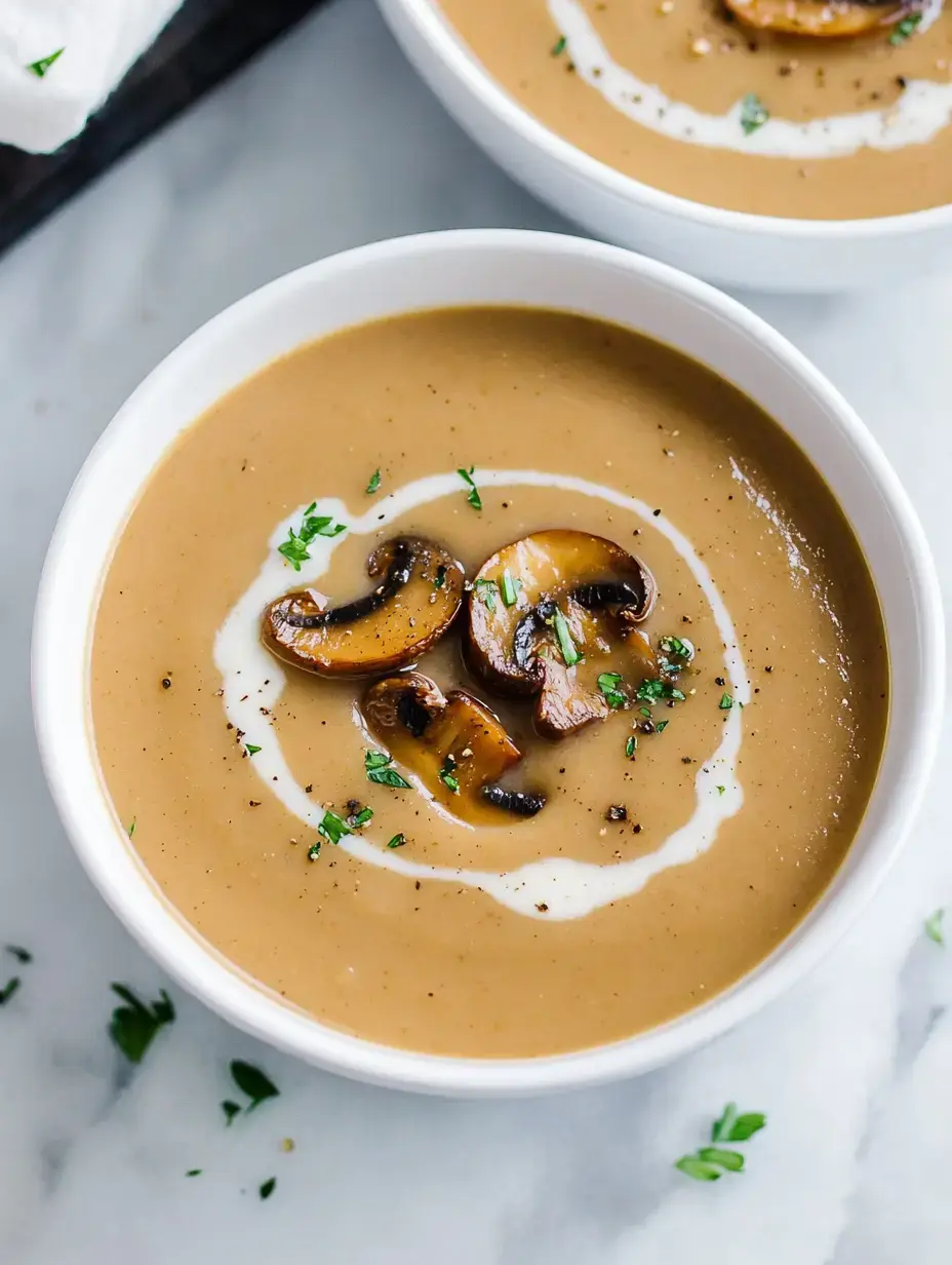 Ein tiefes Schälchen voller cremiger Pilzsuppe garniert mit gebratenen Pilzen und einem Sahnestrudel.