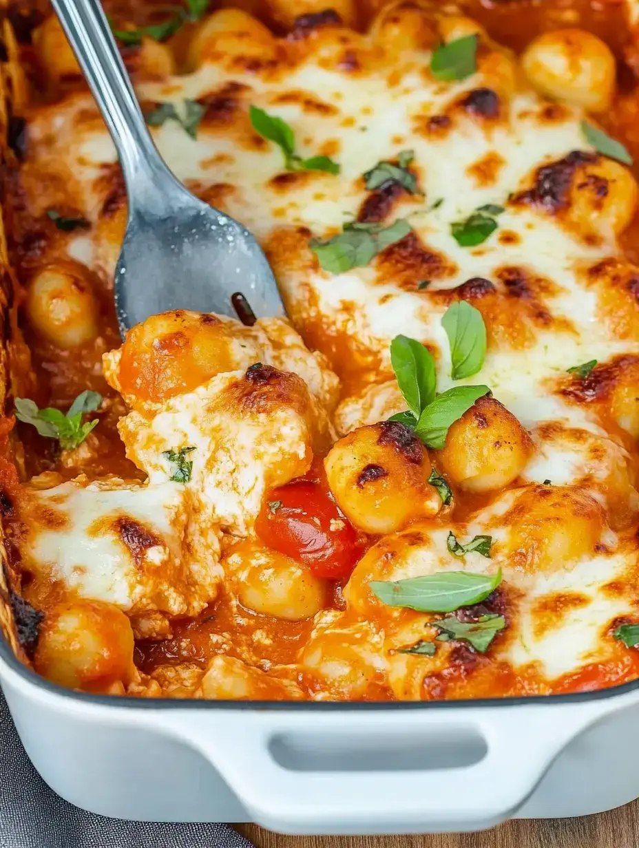 Ein goldbrauner Gnocchi-Auflauf mit Soße, Käse und frischen Kräutern aus dem Ofen.