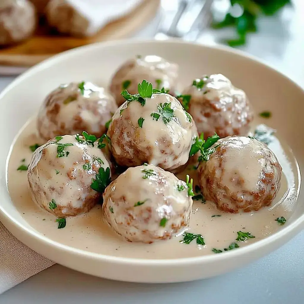 Eine Schüssel voller Bällchen in sahniger Kapersauce, mit Petersilie obendrauf.