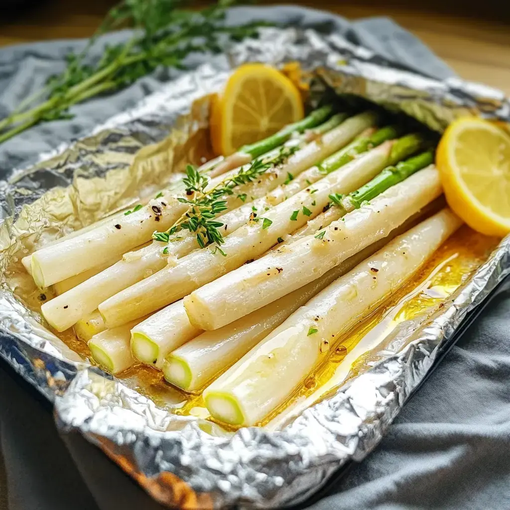 Ein Backblech mit saftigen, gedünsteten Spargel, der in Olivenöl mit Zitronenschnitzen und frischen Kräutern serviert wird.