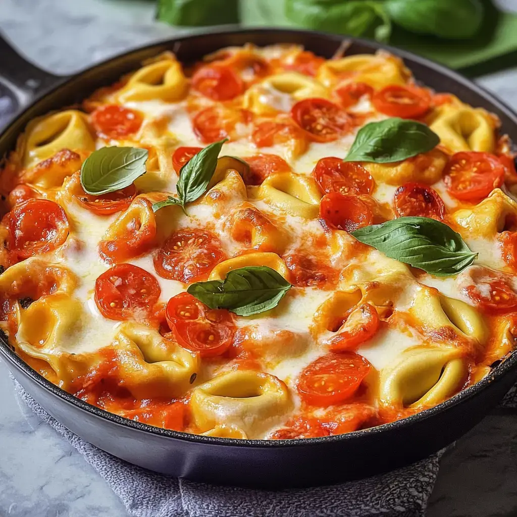 Tortellini-Gericht mit überbackener Tomatensauce, Mozzarella und frischem Basilikum oben drauf.