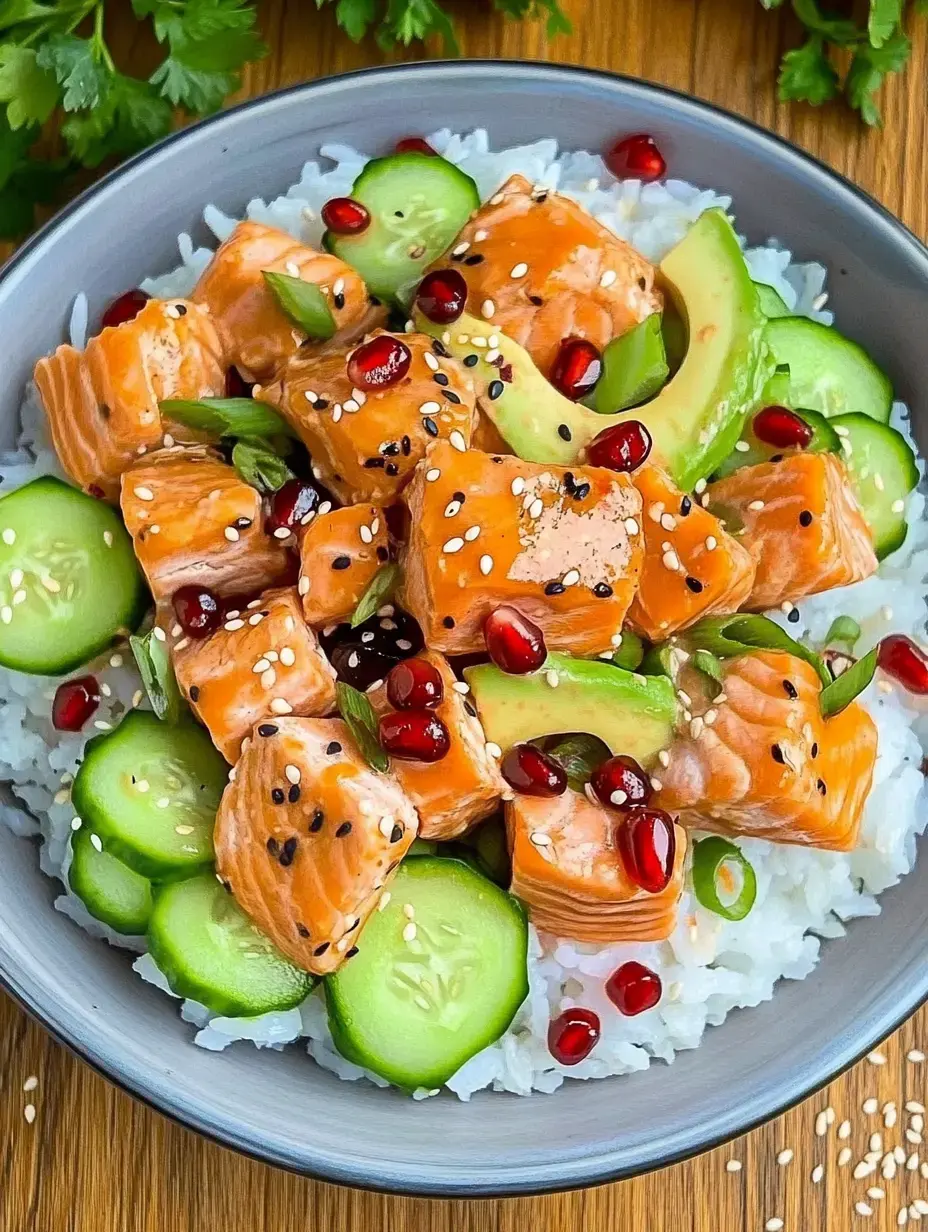 Schüssel mit Reis, würzigem Lachs, Gurke, Granatapfelkernen und Sesam, dazu Frühlingszwiebeln oben drauf.