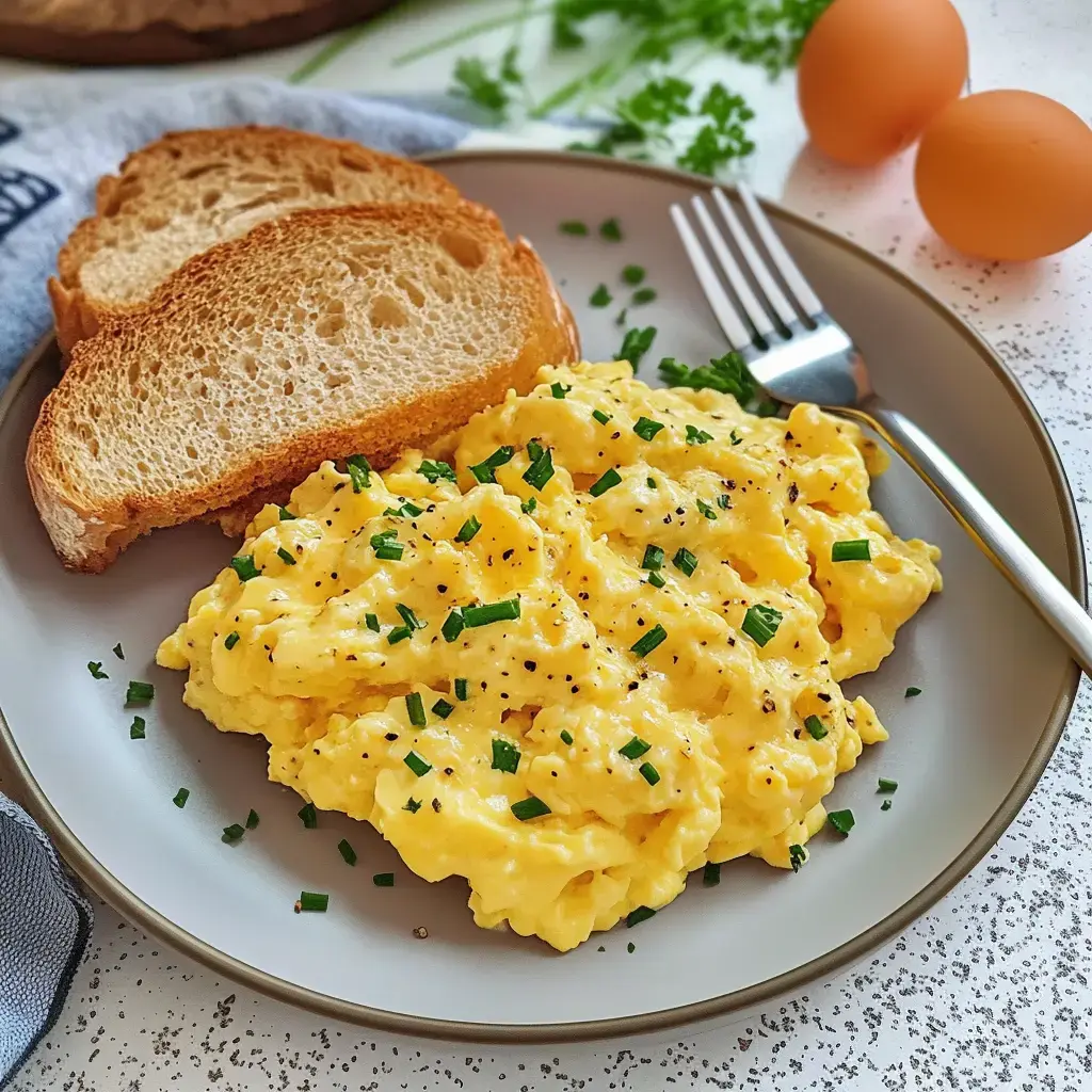 Teller mit Rührei und Schnittlauchtopping, zwei Brotscheiben daneben, im Hintergrund zwei braune Eier.