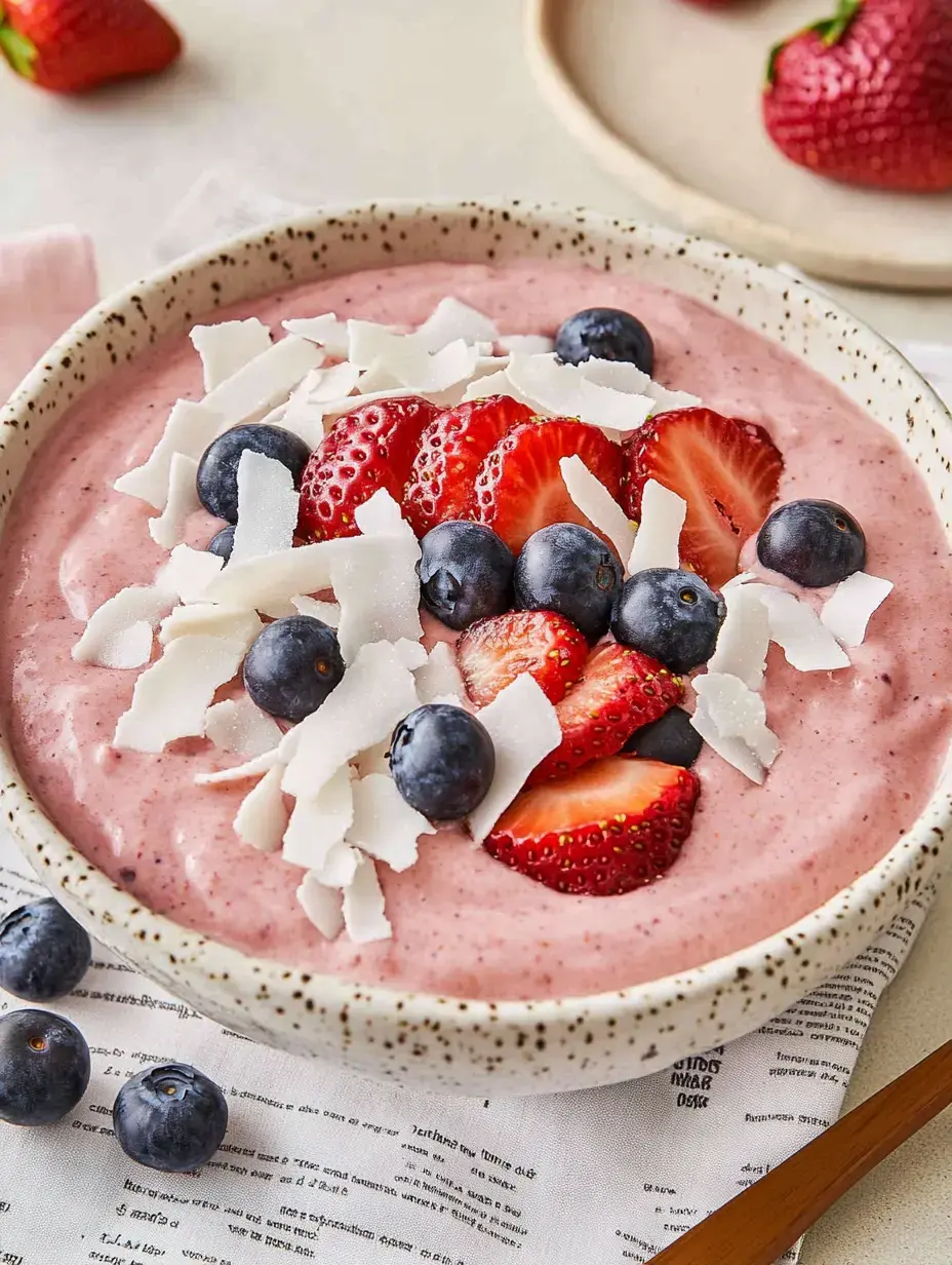 Cremige Erdbeer-Blaubeer-Joghurt-Bowl getoppt mit frischen Beeren und Kokosflocken.