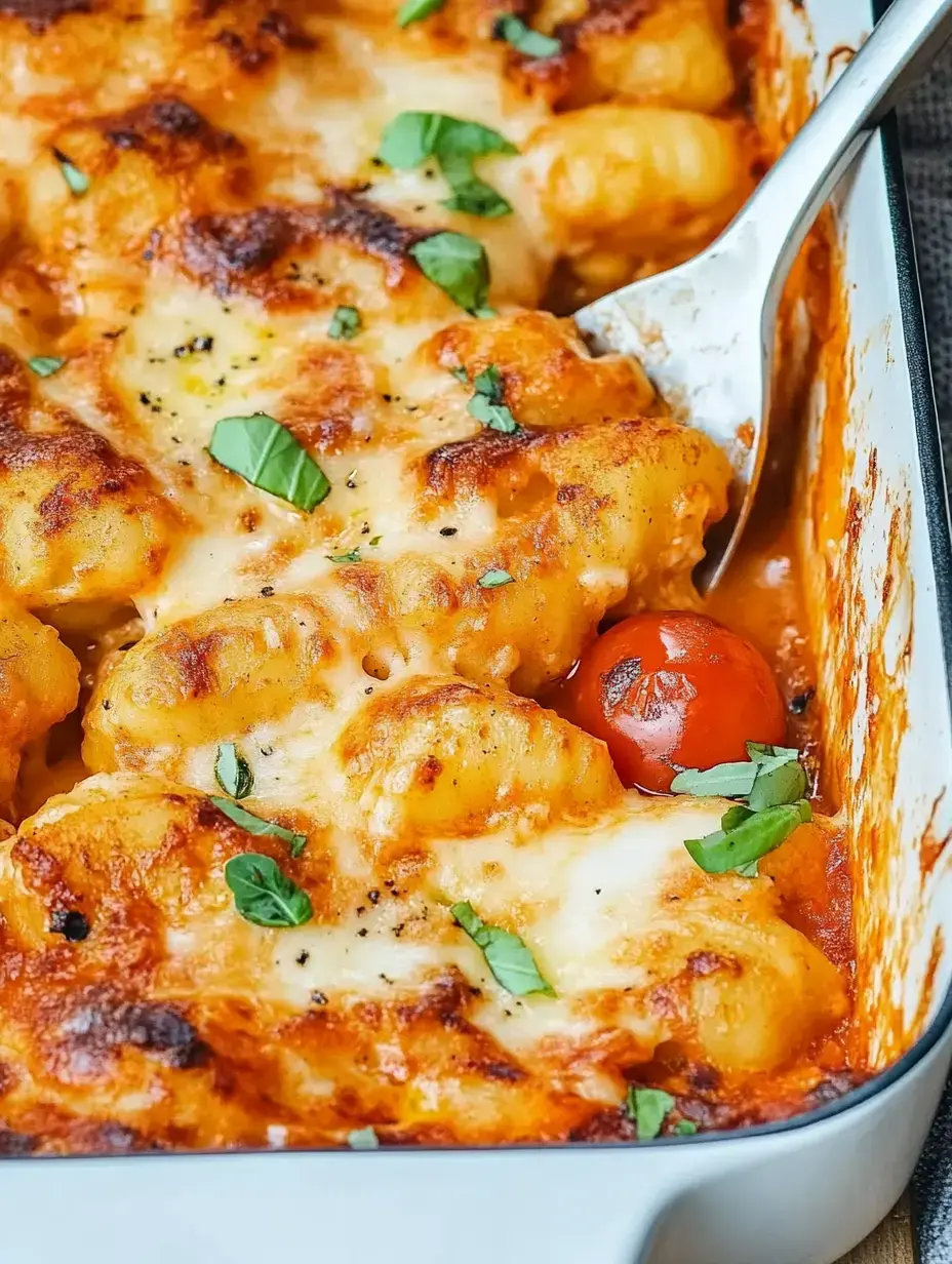 Goldbrauner Auflauf aus Gnocchi, Tomaten, Käse und frischen Kräutern steigt dampfend aus der Form.