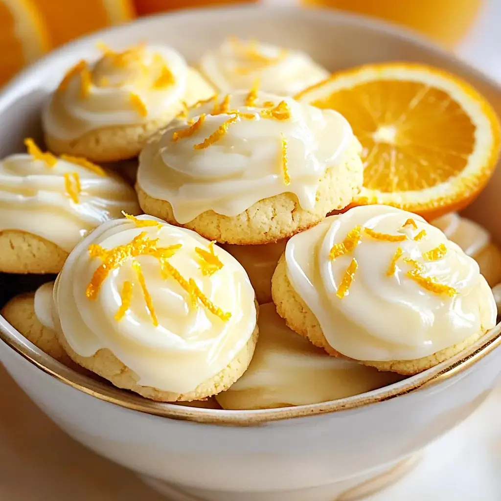 Eine Schüssel voller Plätzchen mit Orangenglasur, oben Zitronenzeste und daneben eine halbe Orange.