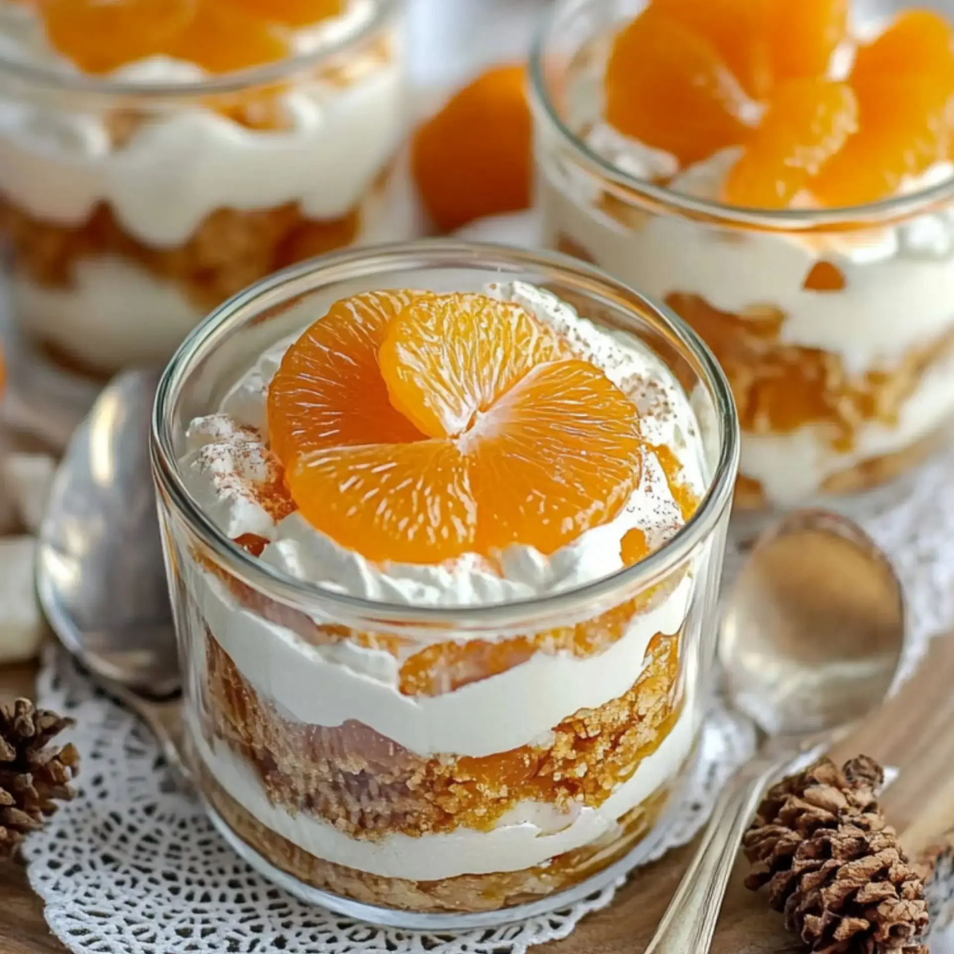 Glas mit Creme, Keksschicht und Mandarinen – oben drauf Mandarine als Deko.