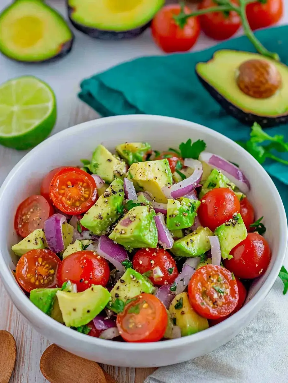 Eine bunte Schüssel voller frischem Salat mit Avocado, Kirschtomaten, Zwiebeln und Kräutern. Rundum liegen Limetten und Avocados bereit.