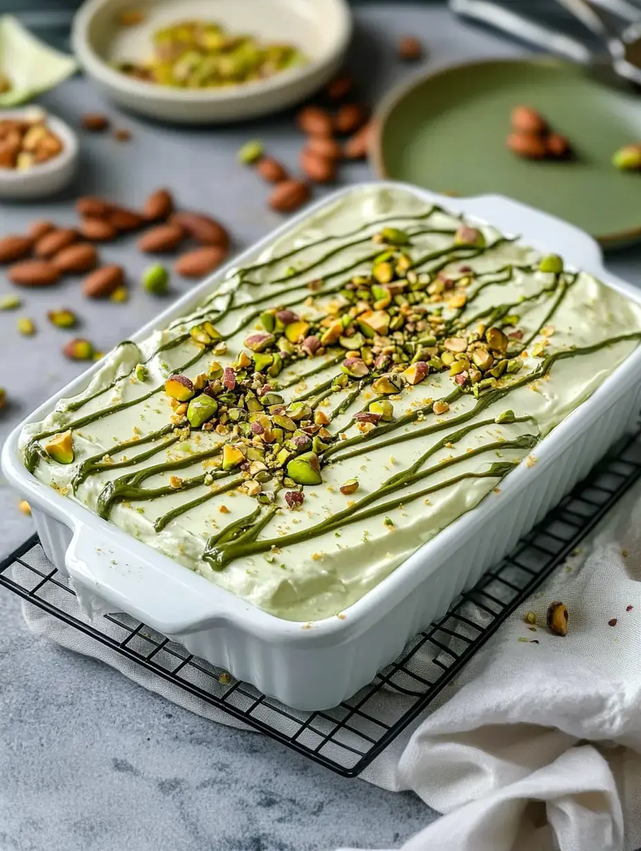 Weiße Form mit grünem Pistazien-Dessert, getoppt mit gehackten Nüssen und grüner Soße auf Gitter zu sehen.