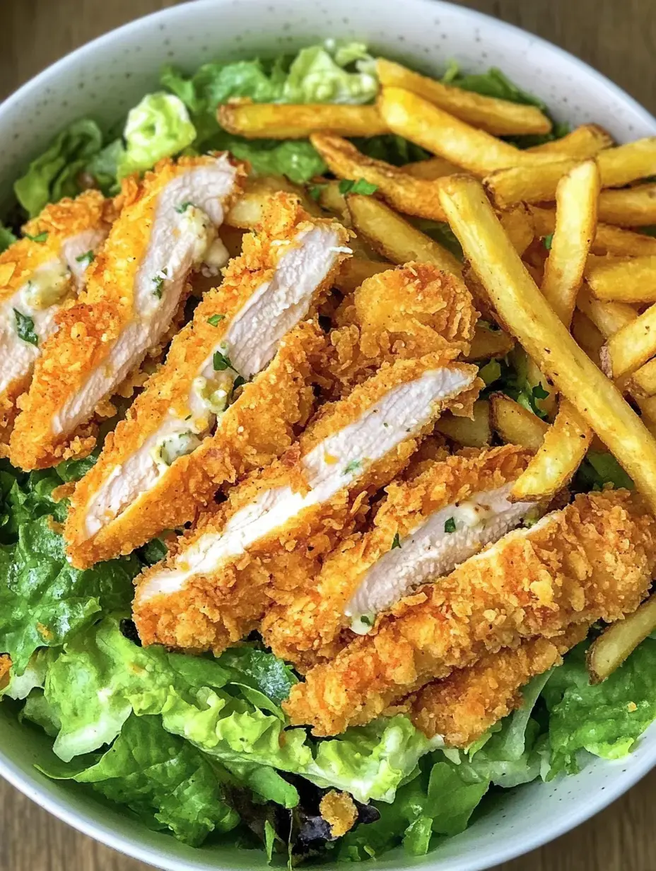 Auf einem Teller liegen knusprige Hähnchenstücke, dazu frischer knackiger Salat und selbstgemachte Kartoffelspalten.