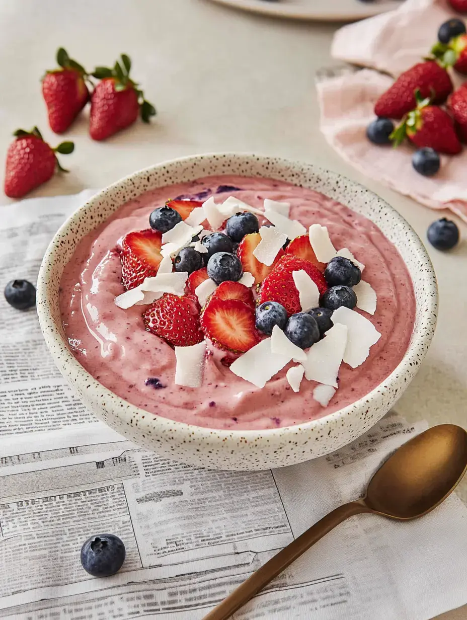 Cremige Frühstücksschale mit Erdbeeren, Heidelbeeren, Kokosflocken auf rosa Basis und ein goldener Löffel daneben.