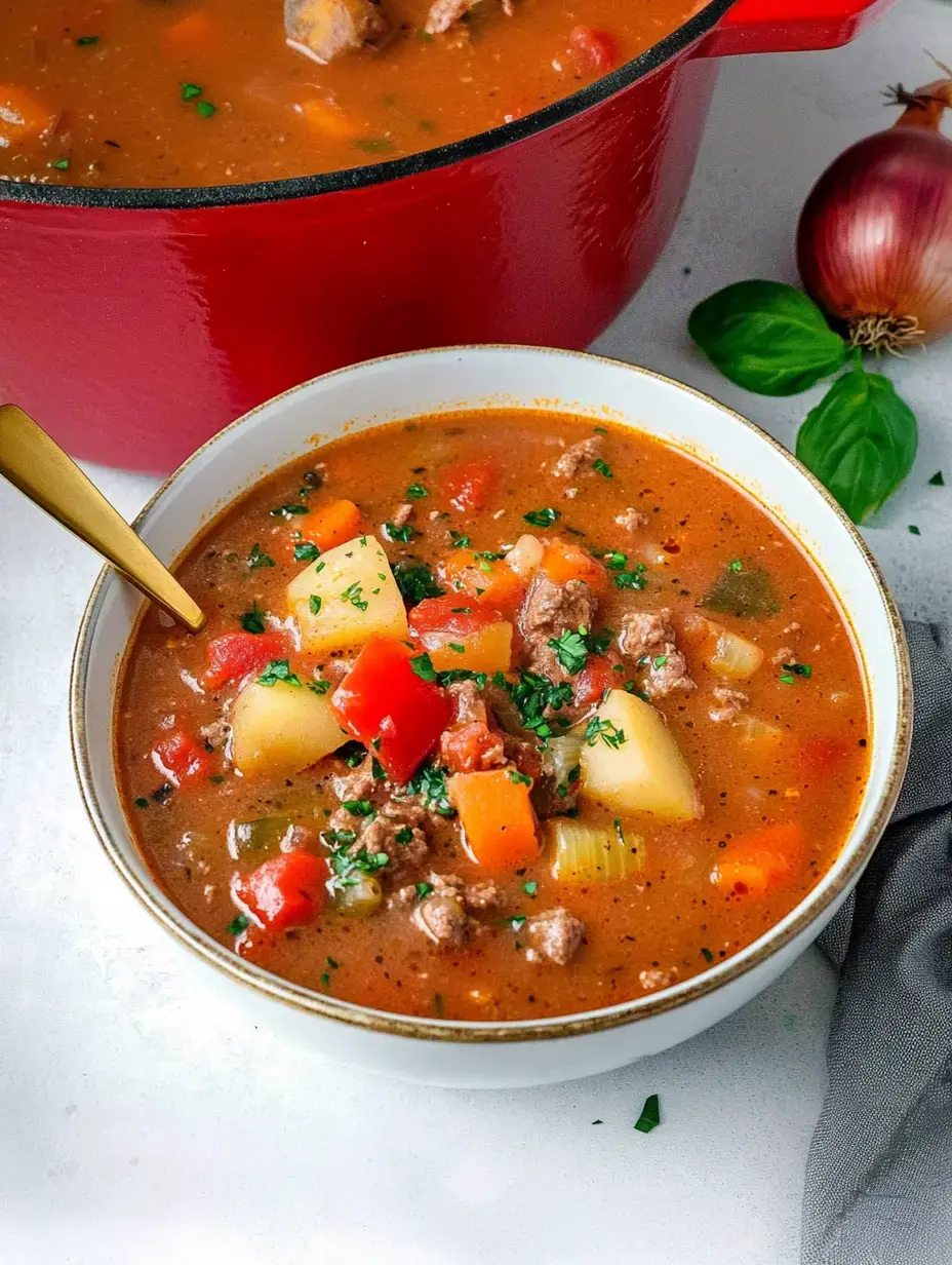 Ein voller Teller mit würziger Suppe aus Kartoffeln, Fleisch und Gemüse neben Topf und frischen Kräutern.
