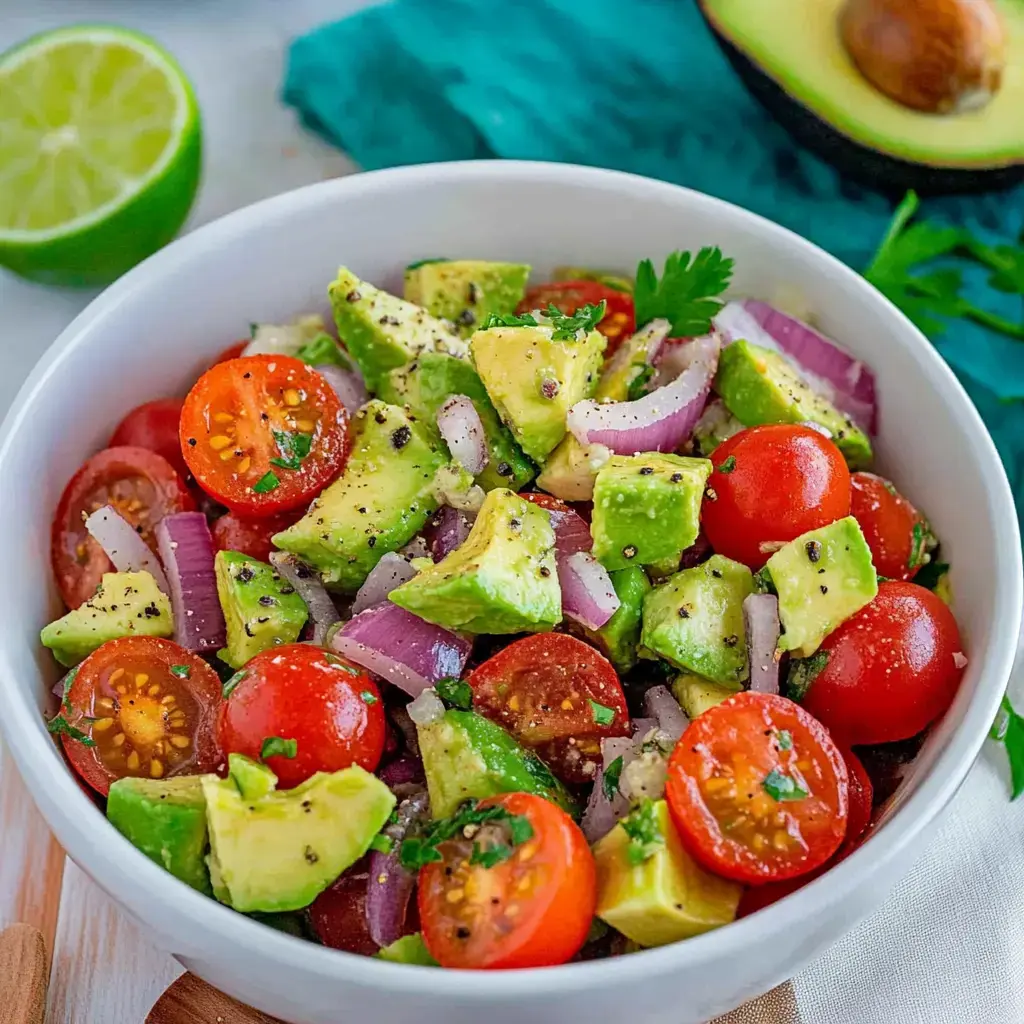 Eine Bowl voller frischem Avocado-Tomaten-Salat, getoppt mit roten Zwiebeln und Koriander auf hellem Hintergrund.