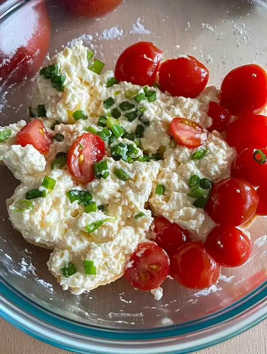 Schüssel mit Ricotta, Frühlingszwiebeln und Cherrytomatenhälften drin.