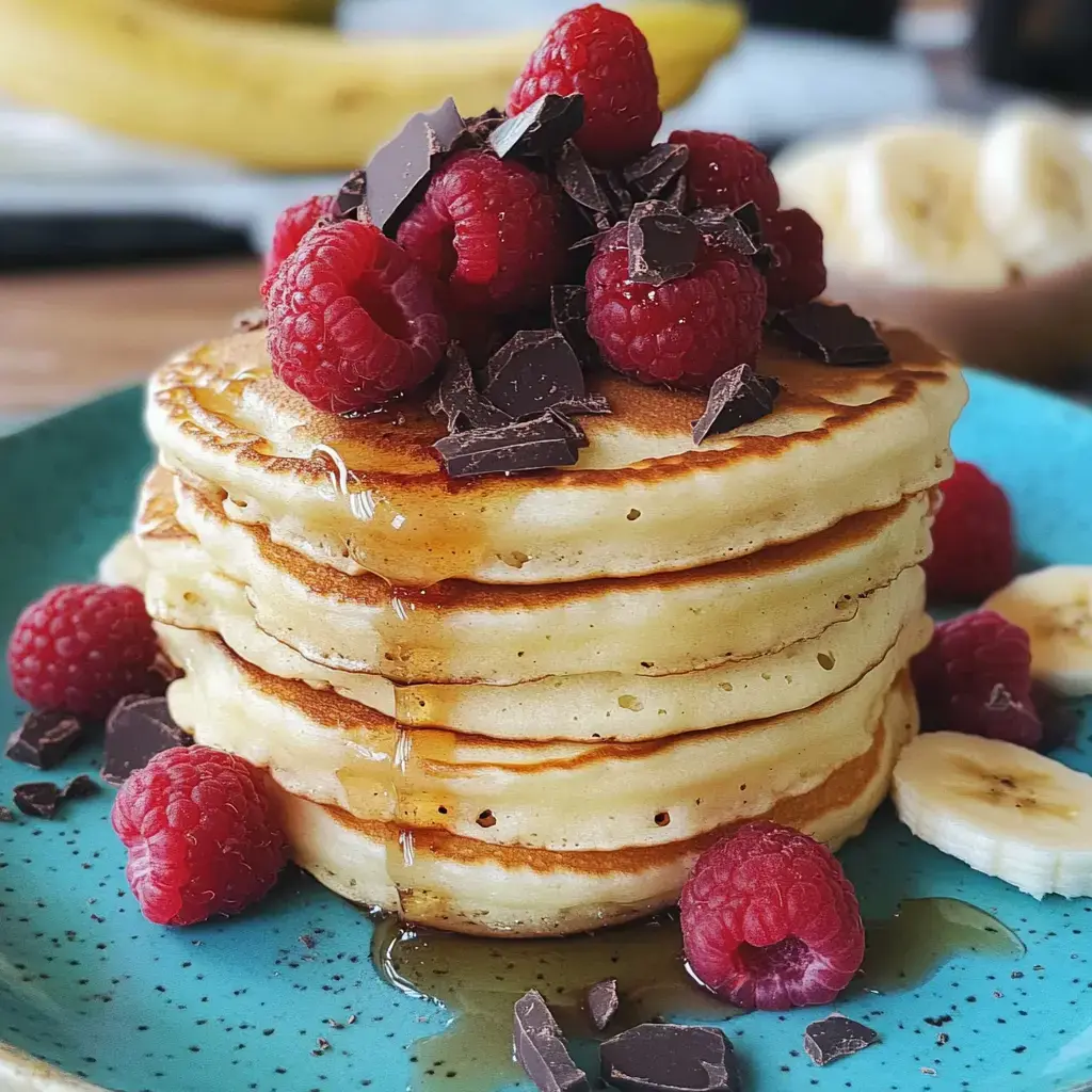 Ein Stapel superweicher Pfannkuchen, obendrauf Himbeeren, Schoko und Sirup, auf blauem Teller.