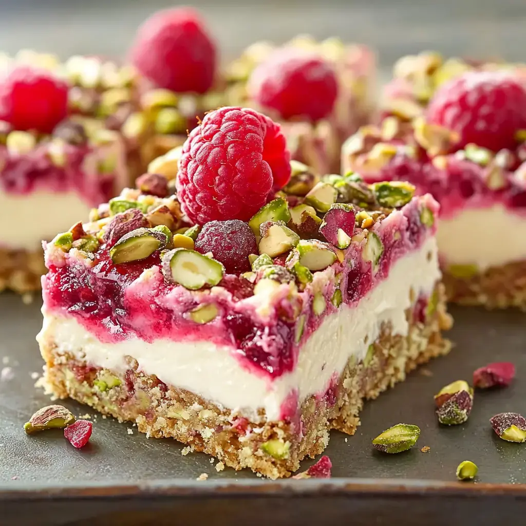 Ein Käsekuchenstück mit Frischkäse, Himbeeren und Pistazien, obendrauf eine Himbeere – einfach lecker.