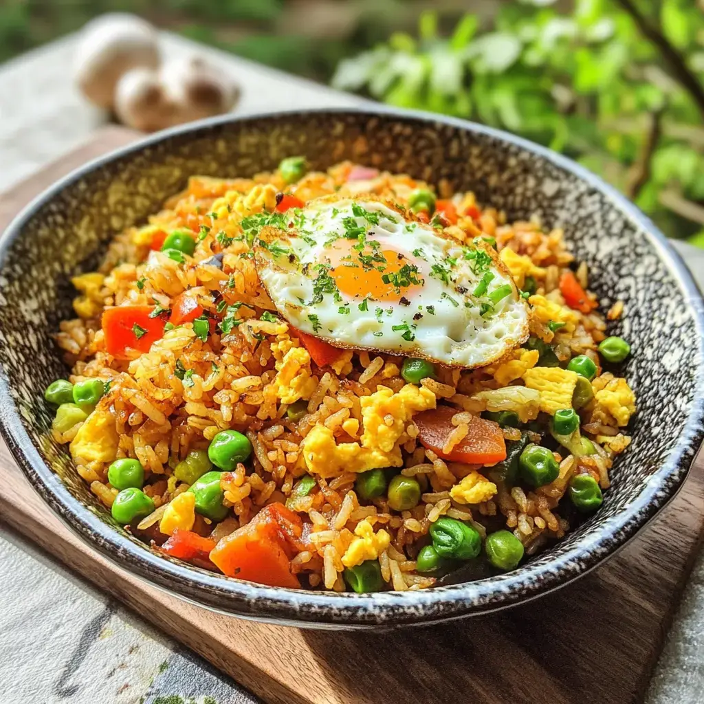 Eine Schale gebratener Reis mit Spiegelei obendrauf, dazu frische Kräuter, Erbsen und Paprika daneben.