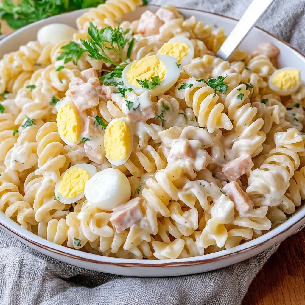 Servierter Teller Fusilli in cremiger Soße, dazu Stückchen Ei, Schinken und frische Petersilie als Topping.