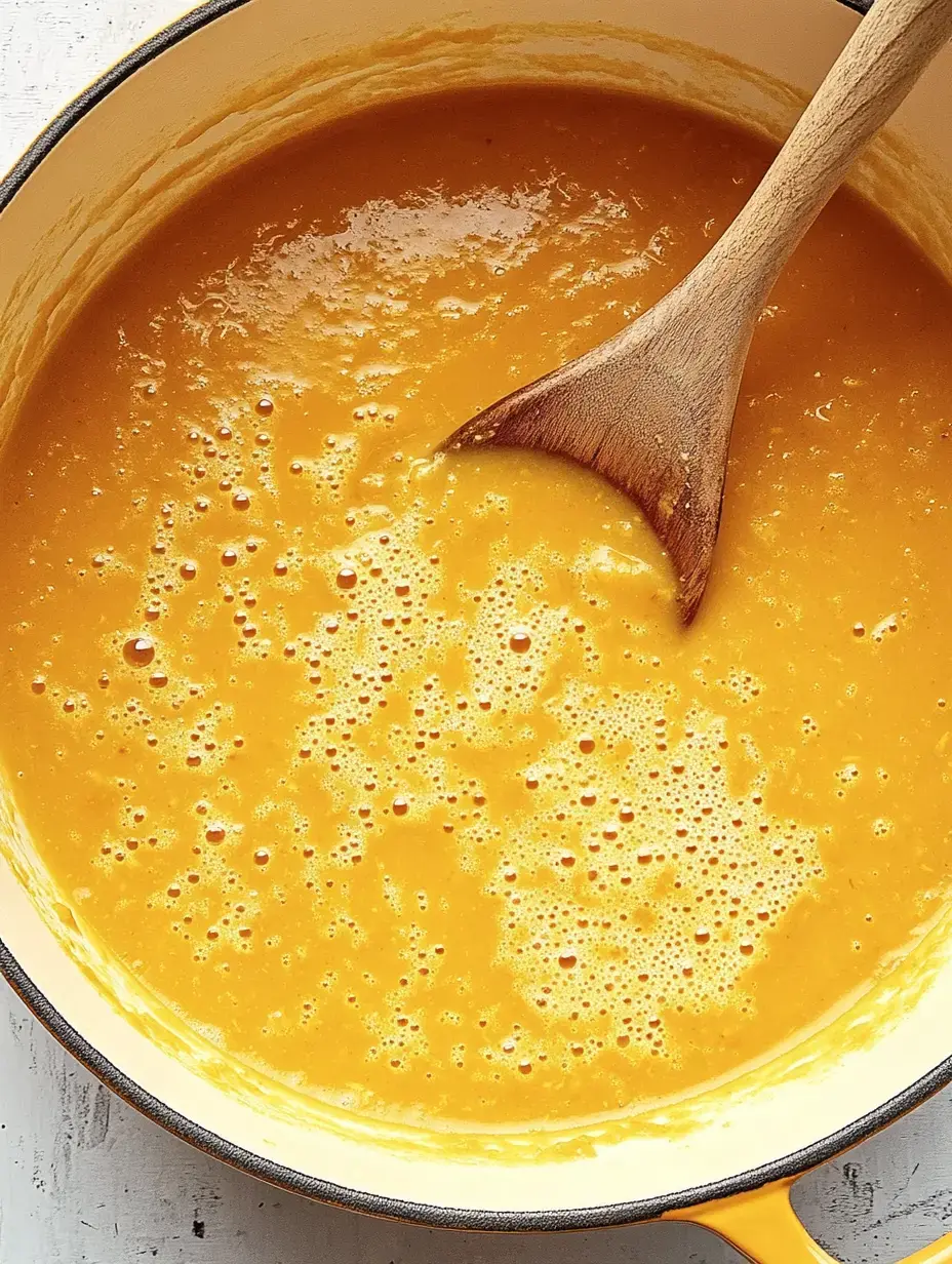 Weiche, orange Suppe wird mit einem Holzlöffel in einem großen Topf umgerührt – sieht schon total cremig aus.