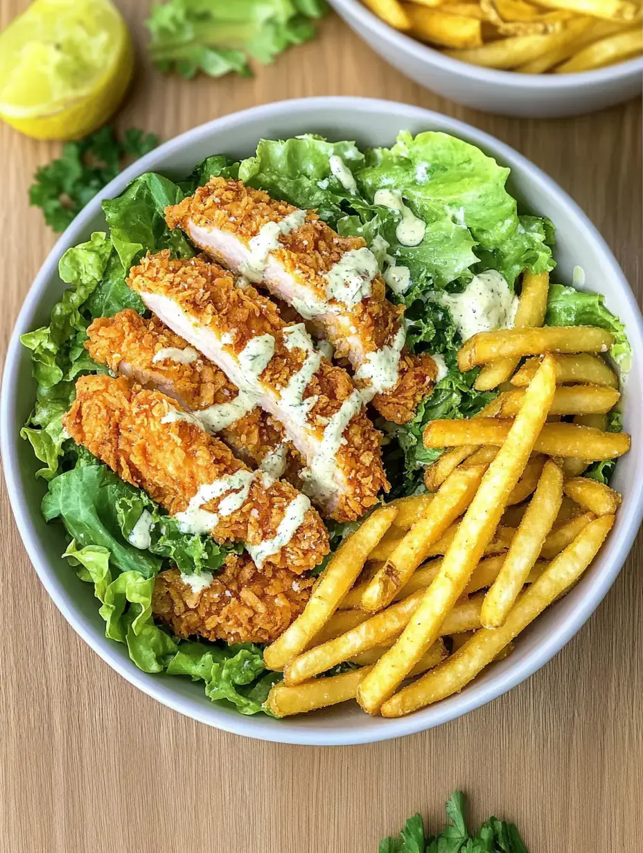 Knusprige Hähnchenstücke auf knackigem Salat, dazu cremiges Dressing und ein paar Kartoffelspalten in einer Bowl angerichtet.