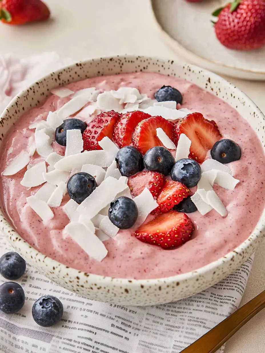Schale mit cremigem Joghurt und frischen Erdbeeren, Blaubeeren sowie Kokosflocken obendrauf.