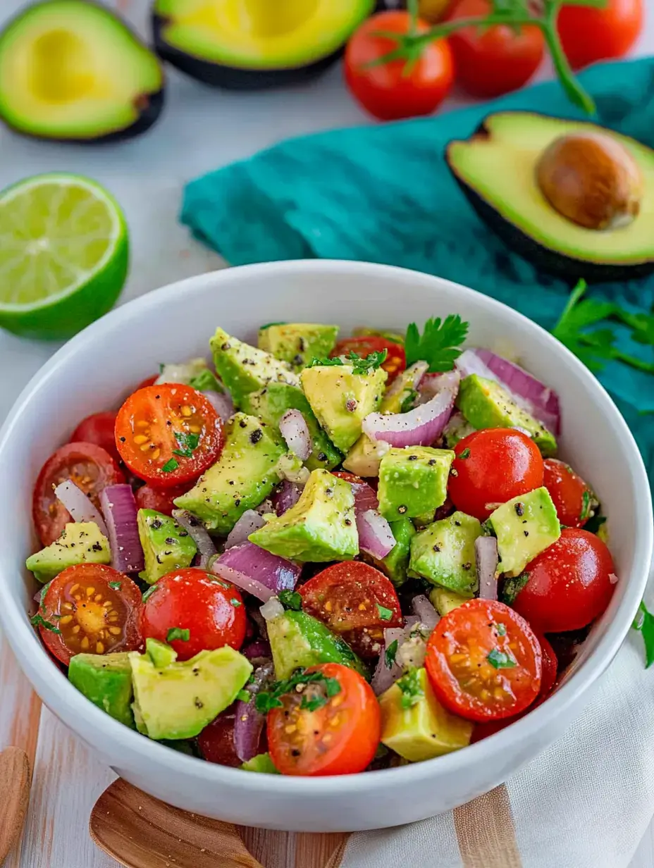 Frische Salatschüssel mit Avocado, Tomaten, roten Zwiebeln und ein paar Kräuter, daneben Limetten und Avocados.