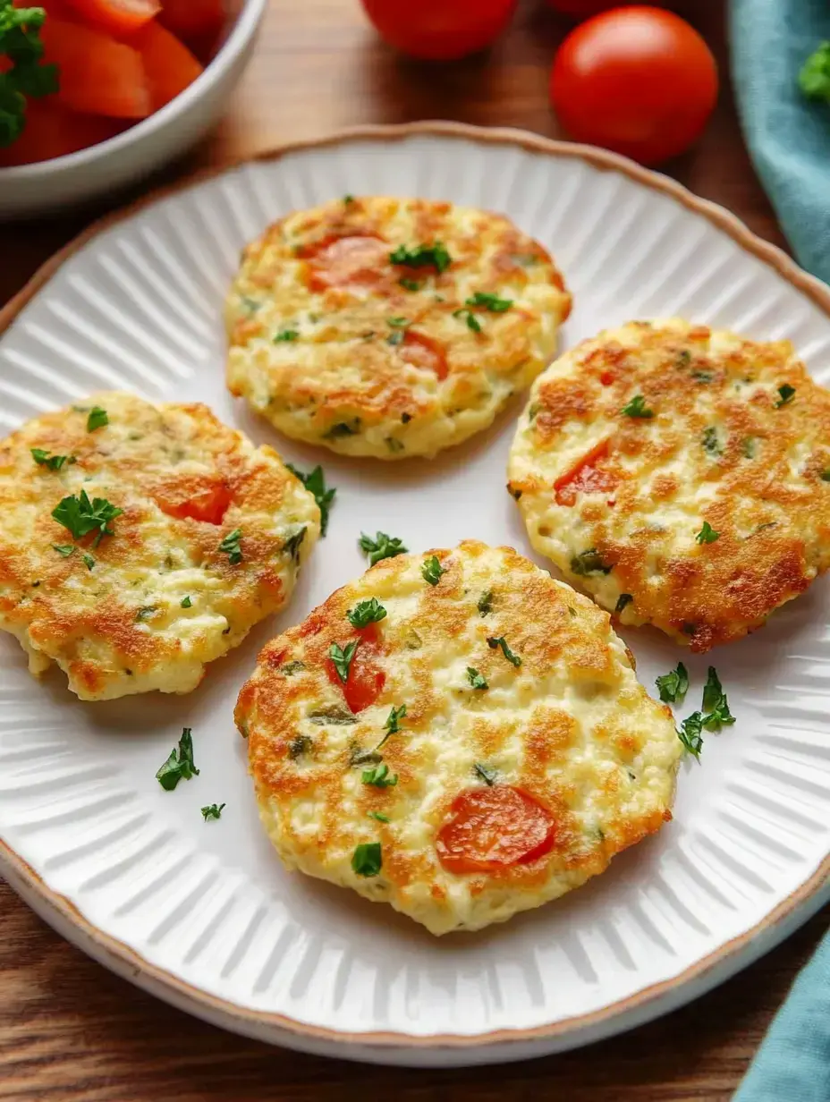 Gemüsepuffer aus dem Ofen mit Tomatenstücken und Petersilie auf dem Teller.