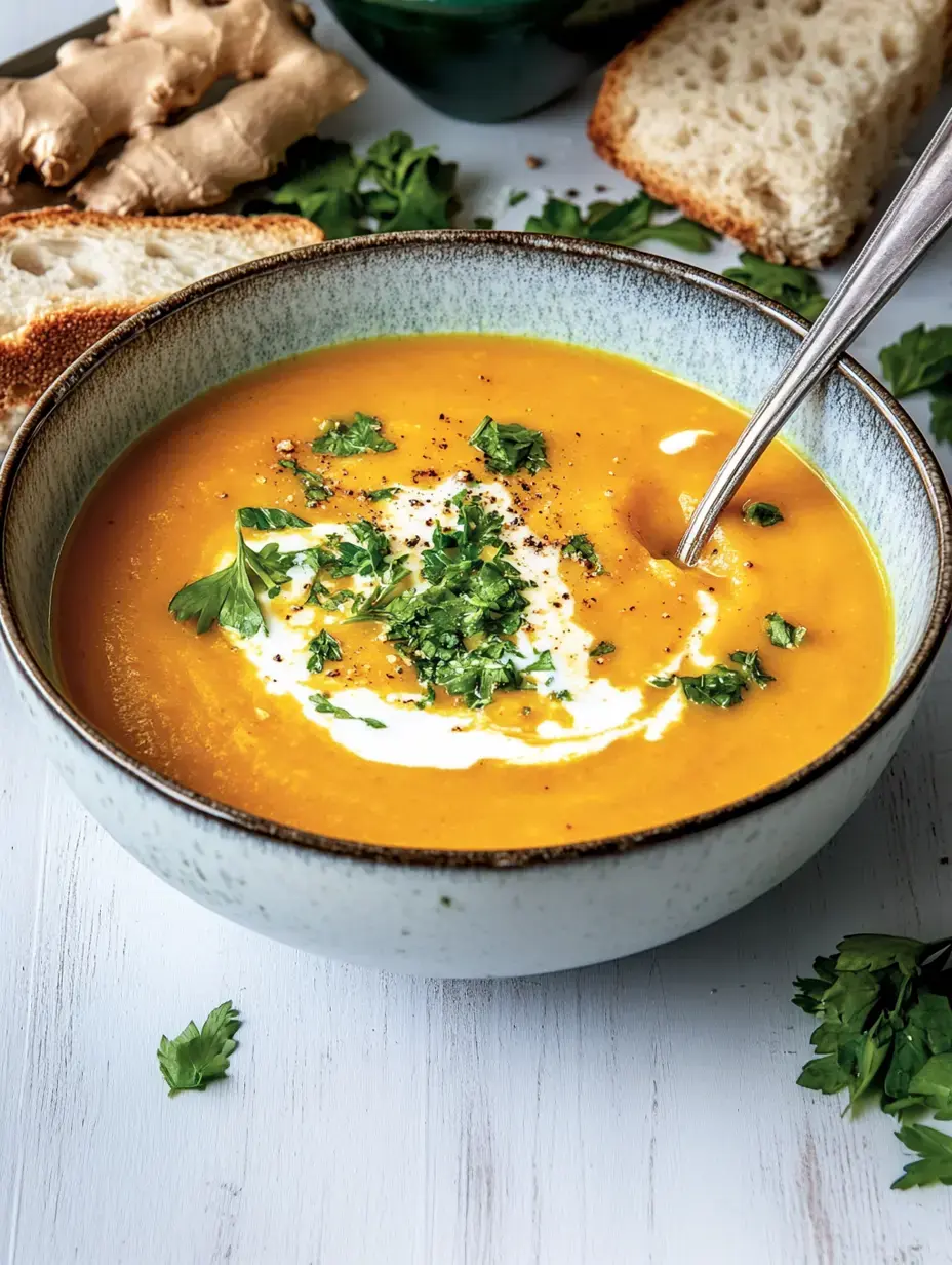 Eine Schale voller cremig-oranger Suppe, dekoriert mit frischem Koriander und ein bisschen Kokos, daneben Ingwer und Brotscheiben.