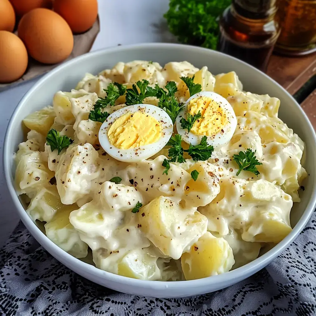 Auf einem Teller liegt Kartoffelsalat mit cremiger Mayo, zwei halbierte Eier und frische Petersilie oben drauf, hinten sieht man Eier und etwas Öl.