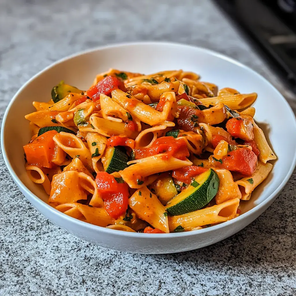 Ein schöner Teller Pasta mit unterschiedlich buntem Gemüse und cremiger Tomatensoße in einer hellen Schale.