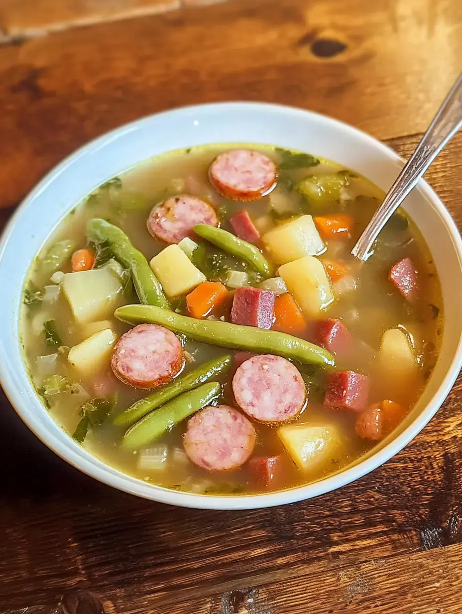 Eine heiße Suppe mit grünen Bohnen, Kartoffeln, Karotten und Wurst in einer Schale auf einem Holztisch.