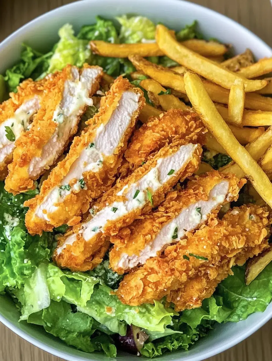 Auf einem Teller siehst du goldene Hähnchenstreifen, frischen Salat und krosse Kartoffelecken.