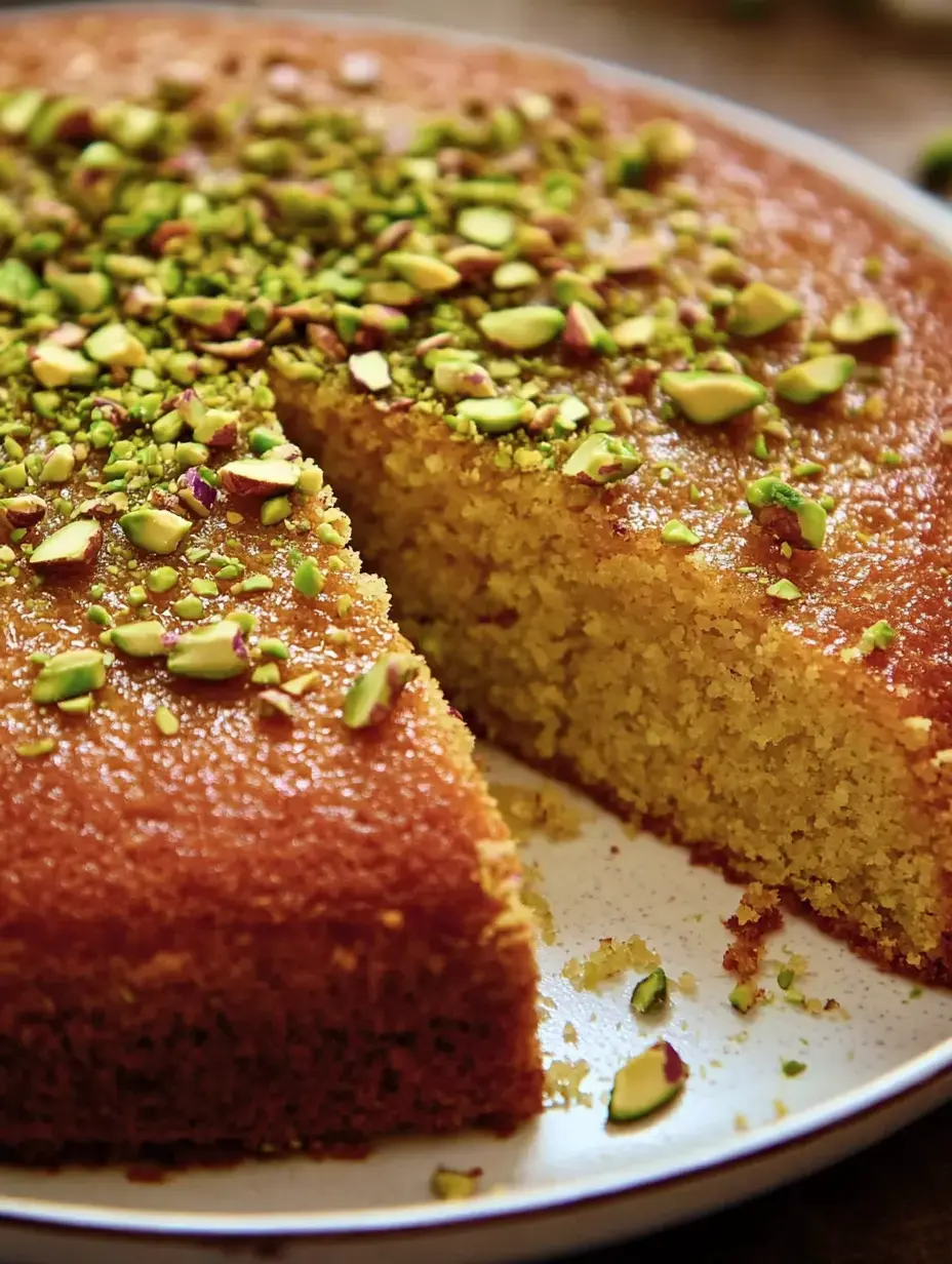 Ein auf einem Teller servierter, mit gehackten Pistazien belegter Kuchen, von dem ein Stück herausgeschnitten wurde.