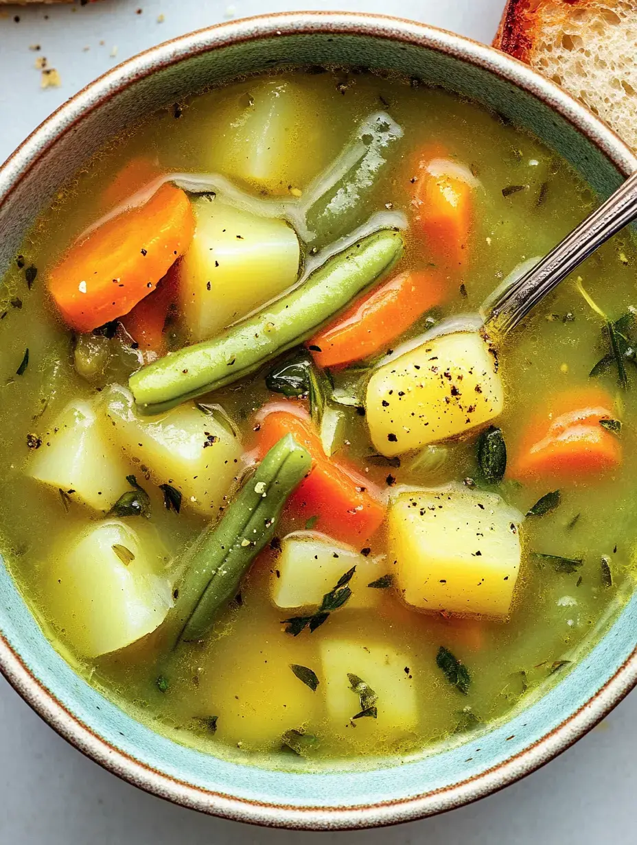Eine Schüssel Gemüsesuppe mit Karotten, Kartoffeln und grünen Bohnen, serviert mit einem Stück Brot.