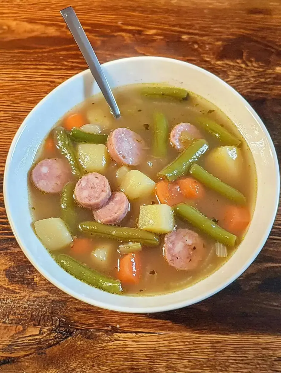 Auf dem Holztisch steht ein Teller Gemüsesuppe mit Wurst, grüne Bohnen, Karotten und Kartoffeln darin.
